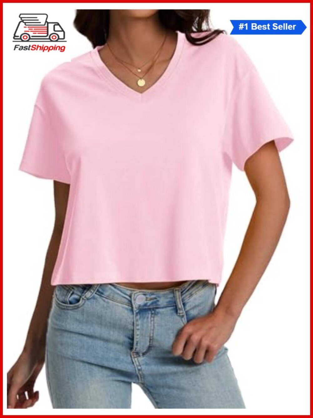 ✨SMENG Cropped T Shirt Loose Fit V-Neck Short Sleeve UPF 50+ Tag-Free